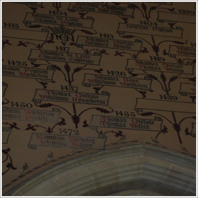 Winchester Castle - Names of Knights of the Shire (Hampshire) on the other end of the hall from “King Arthur’s Roundtable”. Various Uvedale’s were knights of the shire for Hampshire Winchester Castle - Names of Knights of the Shire (Hampshire) on the other end of the hall from “King Arthur’s Roundtable”. Various Uvedale’s were knights of the shire for Hampshire