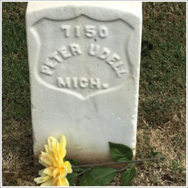 Peter Udell, served during the America Civil War with Company D Michigan 1st Engineers, he died 9 March 1862, and is buried in the Nashville National Cemetery.